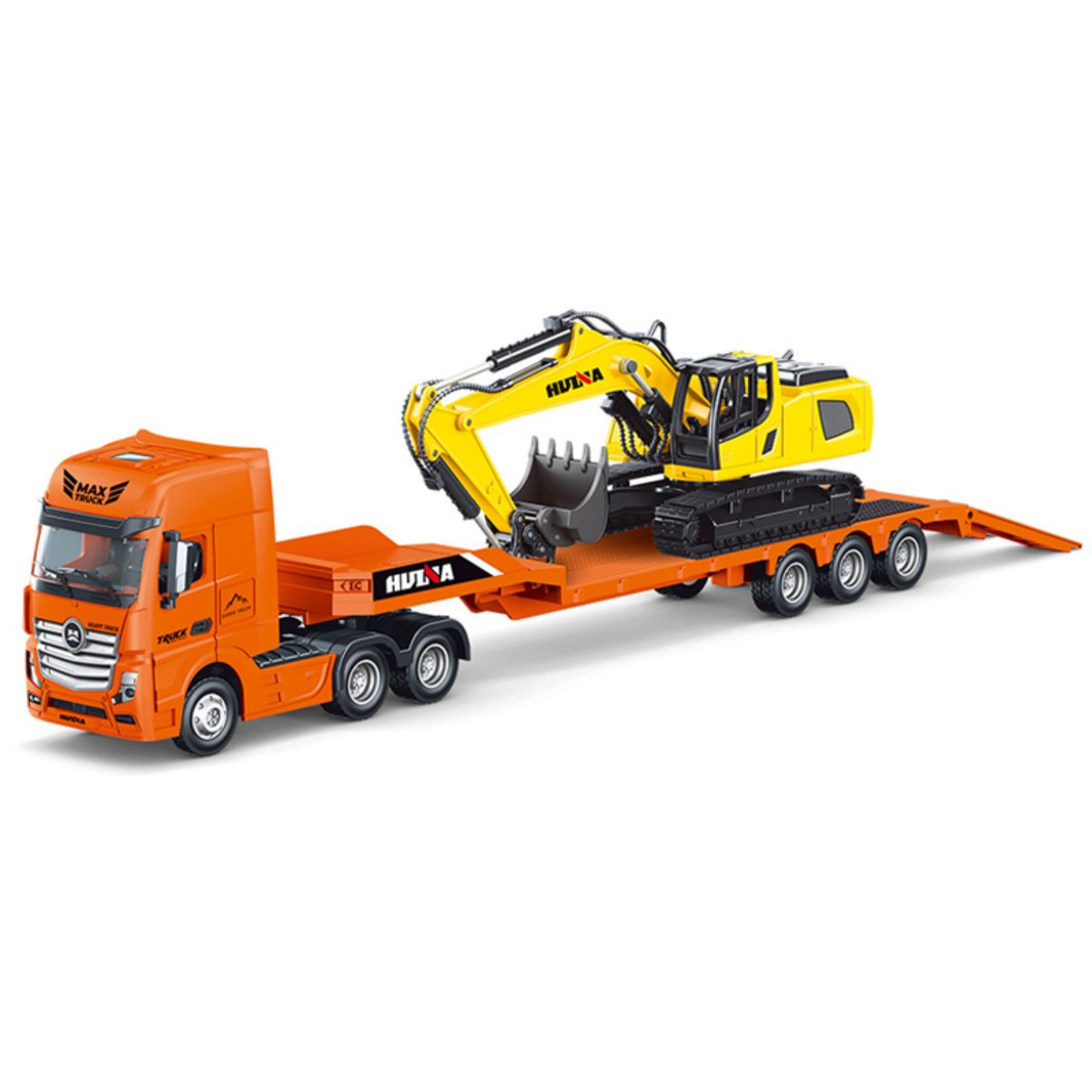 Huina 1729 1:50 Alloy Diecast Flatbed Truck with Excavator - HugmieToys